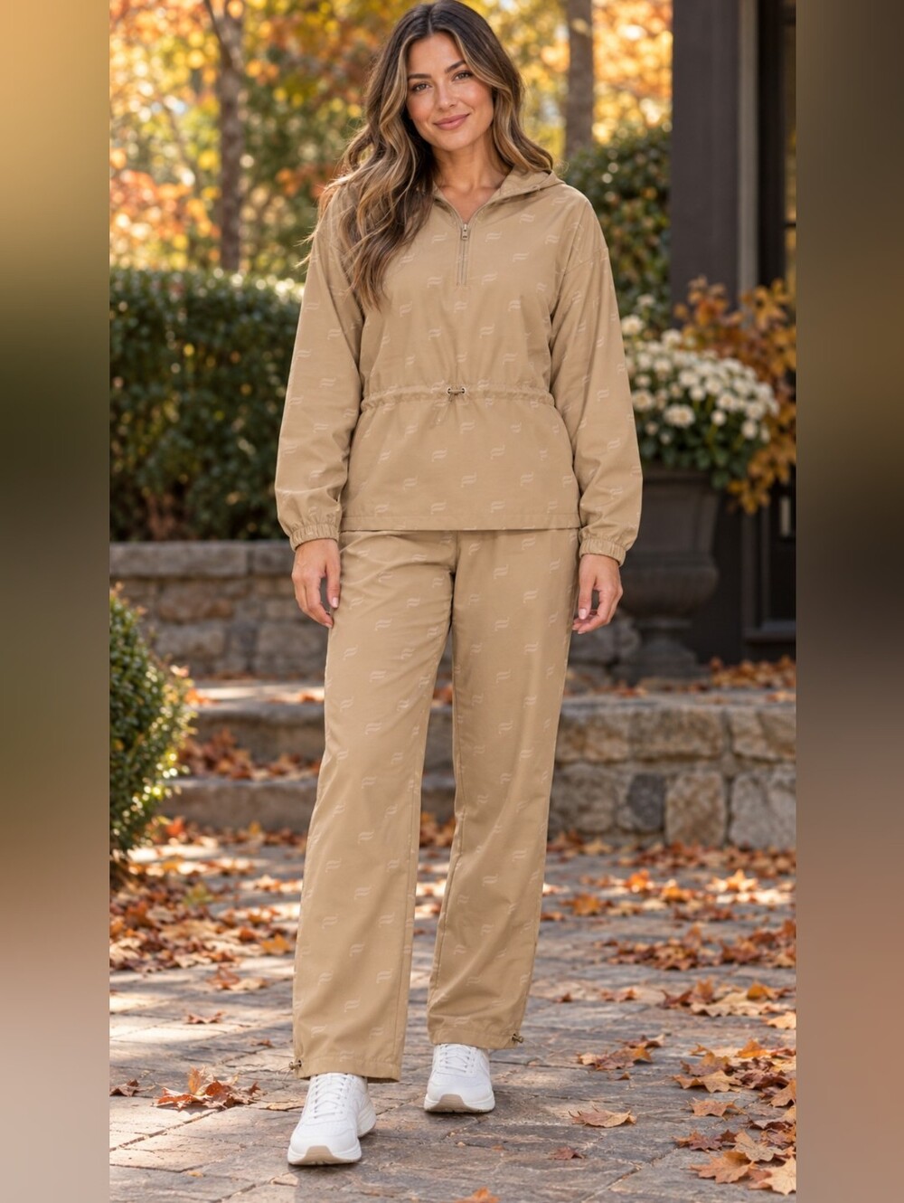 Fabletics Women’s Tan Logo 2 Piece Tracksuit Pullover L Pants S Athleisure